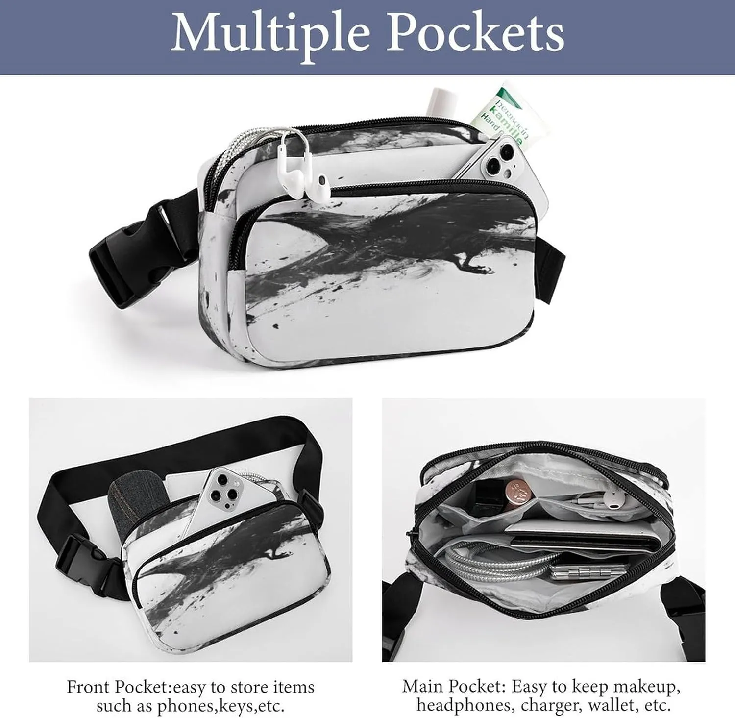 Adjustable Strap Belt Bag for Women Men Unisex, Hands-free Black Crow Raven Bird Grey Waist Pack for Outdoor Travel