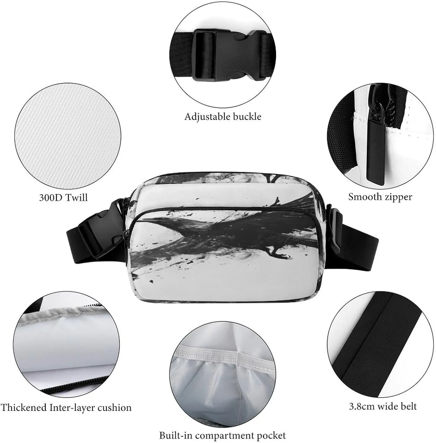 Adjustable Strap Belt Bag for Women Men Unisex, Hands-free Black Crow Raven Bird Grey Waist Pack for Outdoor Travel