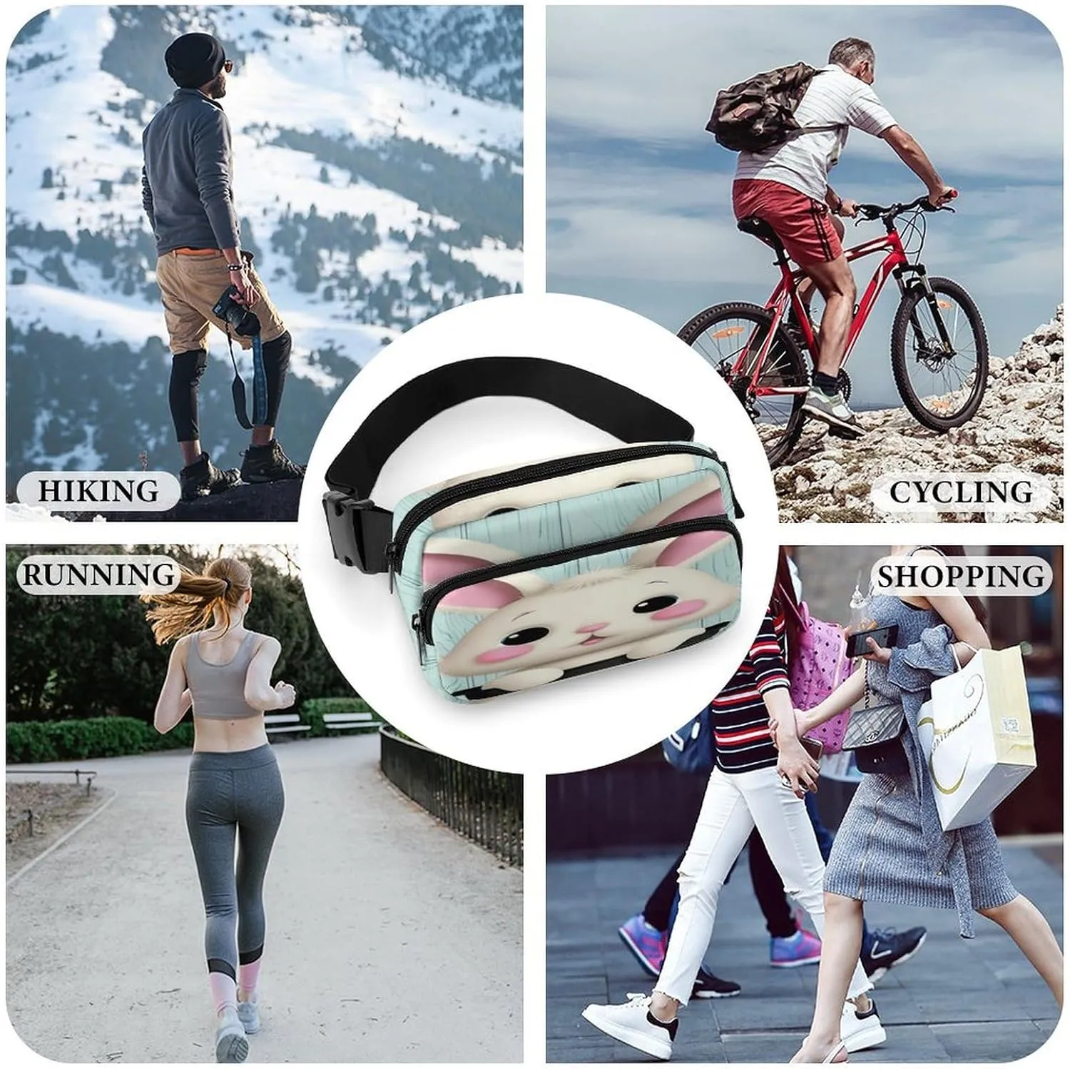 Adjustable Strap Fanny Pack for Women Men Unisex, Multi-fonction Blue Wooden Easter Eggs Bunny Rabbit Belt Bag for Workout Shopping