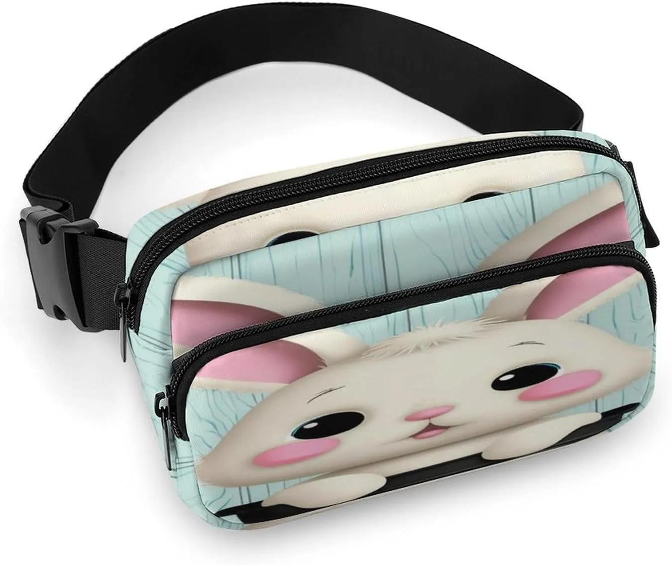 Adjustable Strap Fanny Pack for Women Men Unisex, Multi-fonction Blue Wooden Easter Eggs Bunny Rabbit Belt Bag for Workout Shopping