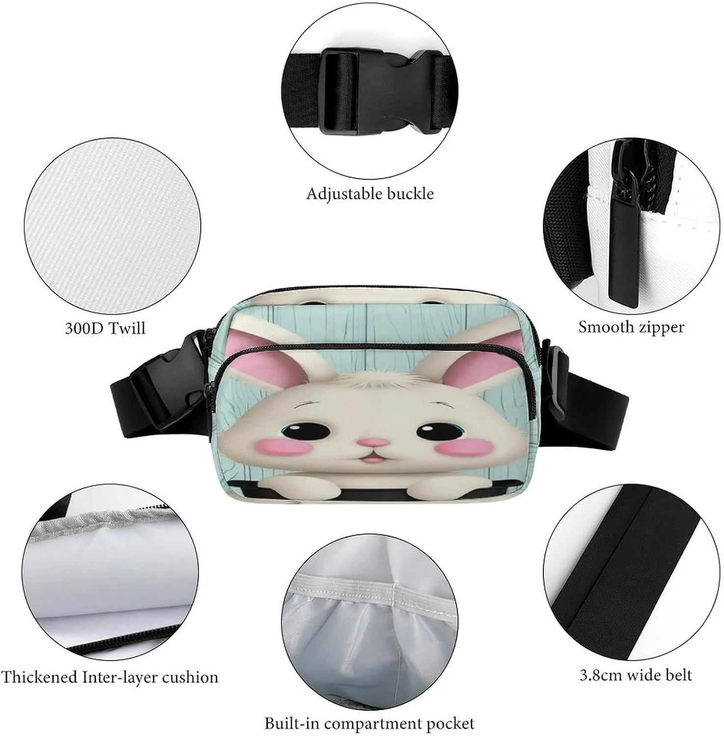 Adjustable Strap Fanny Pack for Women Men Unisex, Multi-fonction Blue Wooden Easter Eggs Bunny Rabbit Belt Bag for Workout Shopping