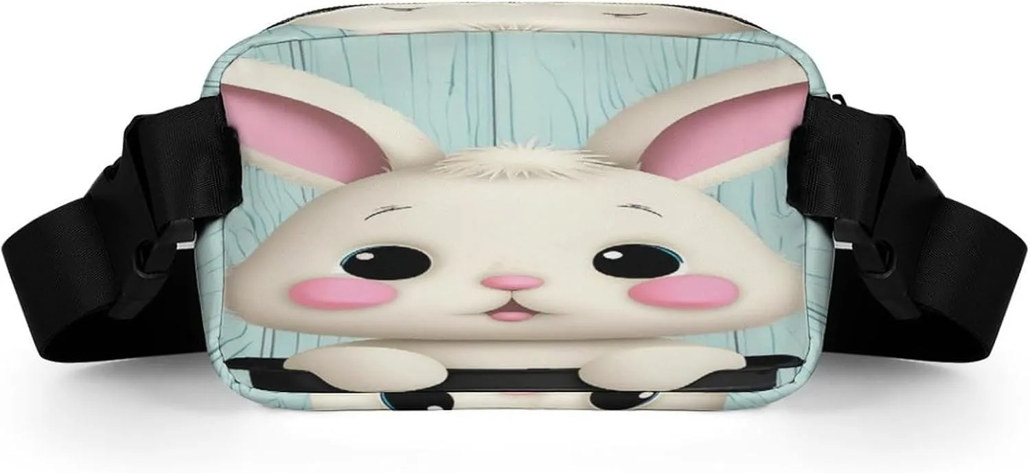 Adjustable Strap Fanny Pack for Women Men Unisex, Multi-fonction Blue Wooden Easter Eggs Bunny Rabbit Belt Bag for Workout Shopping