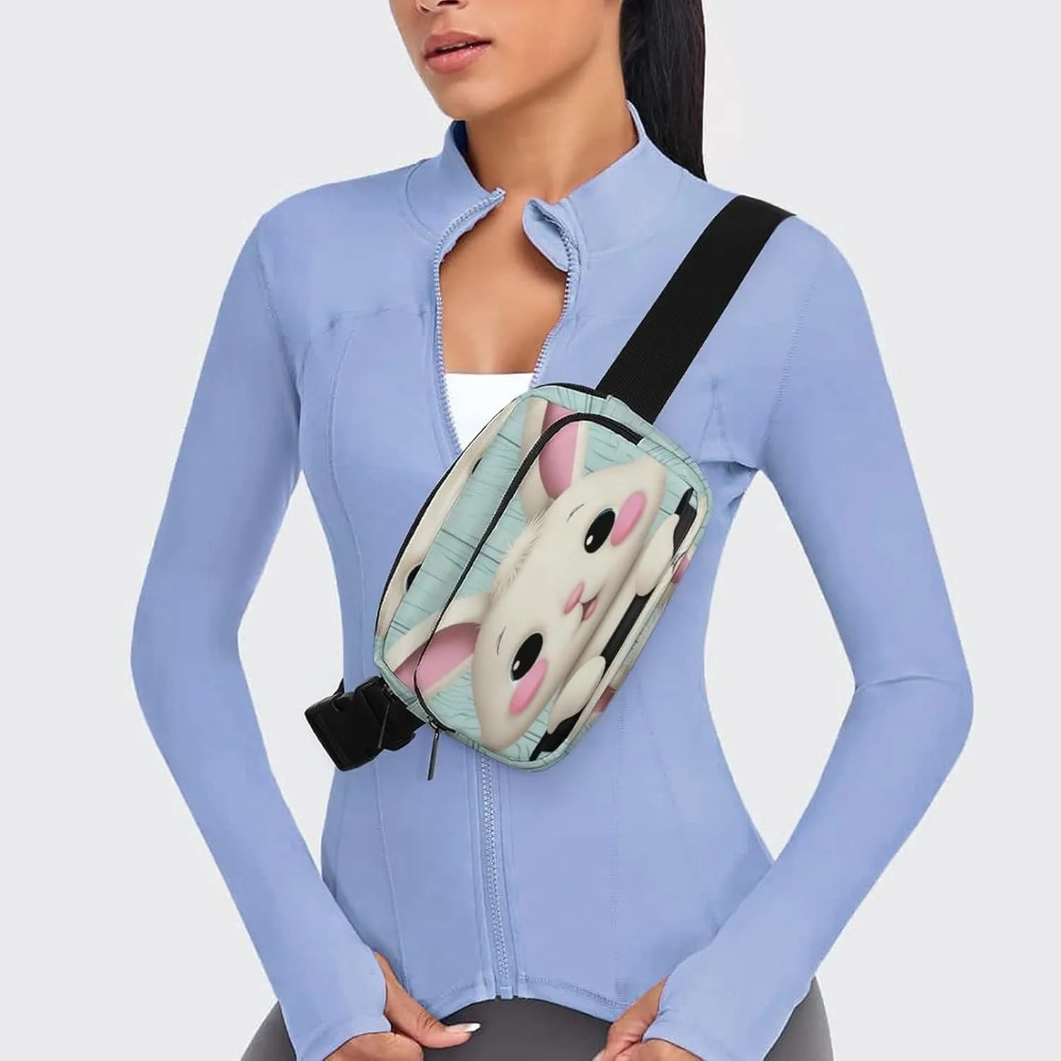 Adjustable Strap Fanny Pack for Women Men Unisex, Multi-fonction Blue Wooden Easter Eggs Bunny Rabbit Belt Bag for Workout Shopping