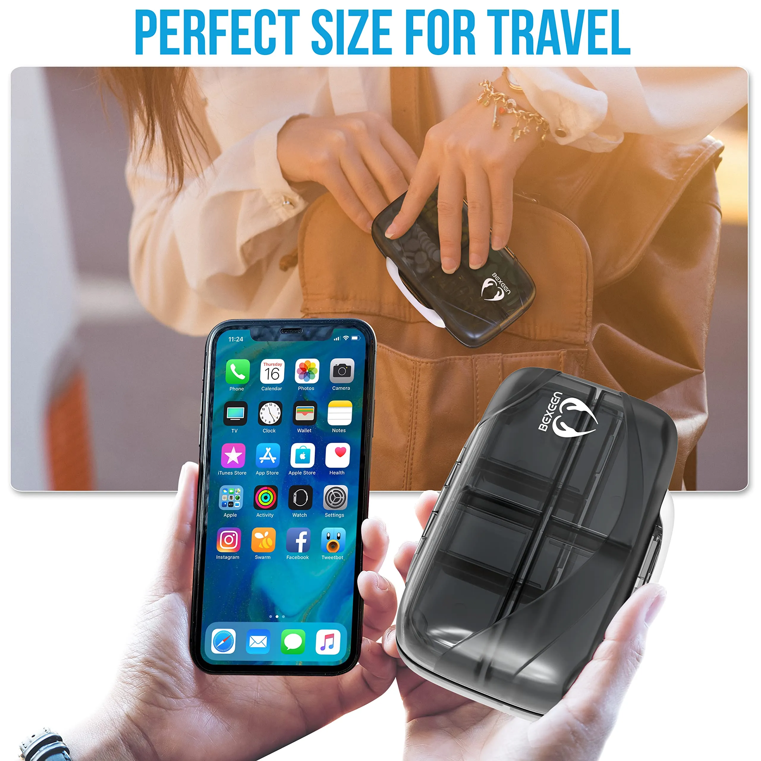 Airtight Pill Organizer Box Large Pill Dispenser Home Travel Essentials Supplement Holder Portable Vitamin Sorter Jumbo Size 8 Compartment Container Daily Medicine Black