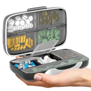 Airtight Pill Organizer Box Large Pill Dispenser Home Travel Essentials Supplement Holder Portable Vitamin Sorter Jumbo Size 8 Compartment Container Daily Medicine Black