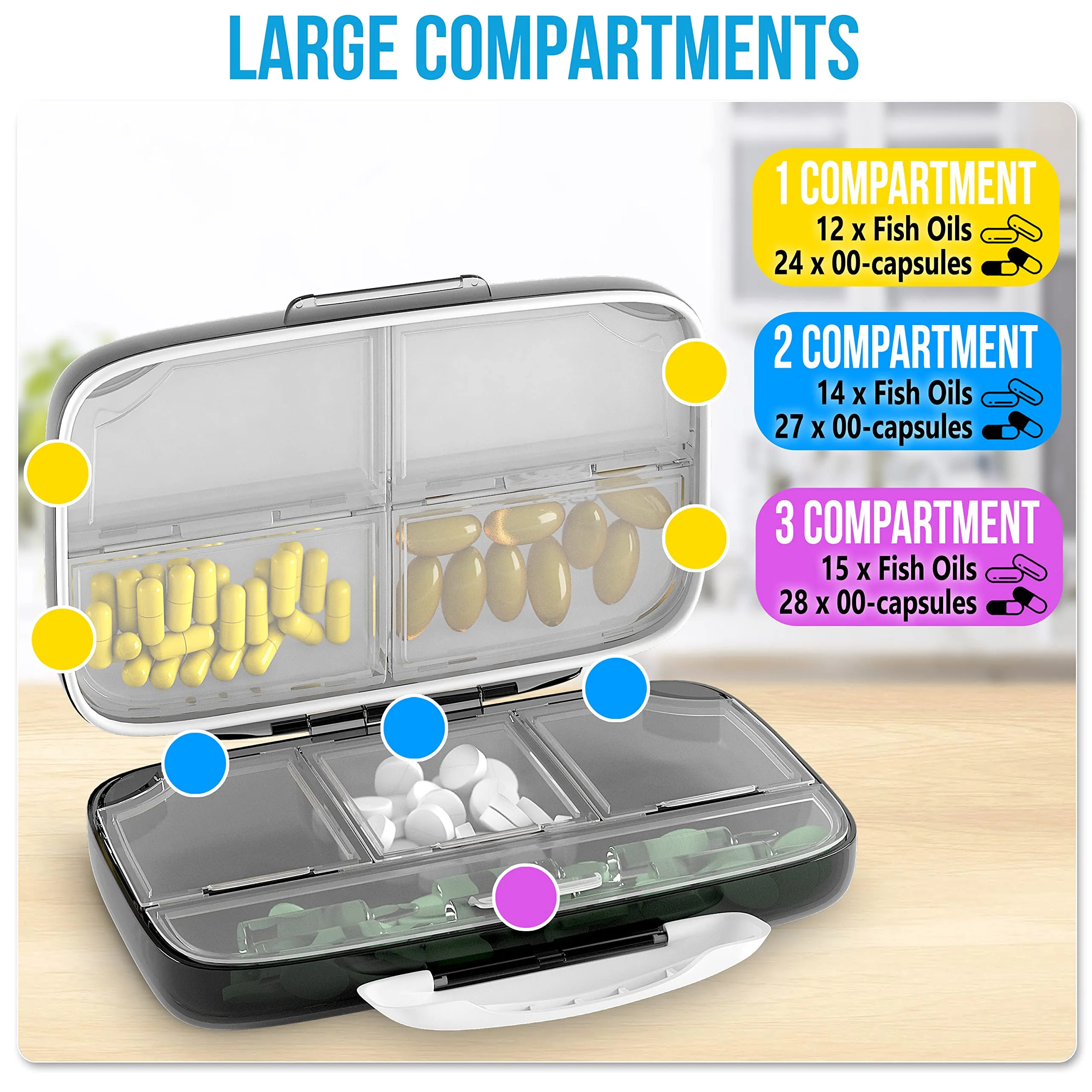 Airtight Pill Organizer Box Large Pill Dispenser Home Travel Essentials Supplement Holder Portable Vitamin Sorter Jumbo Size 8 Compartment Container Daily Medicine Black