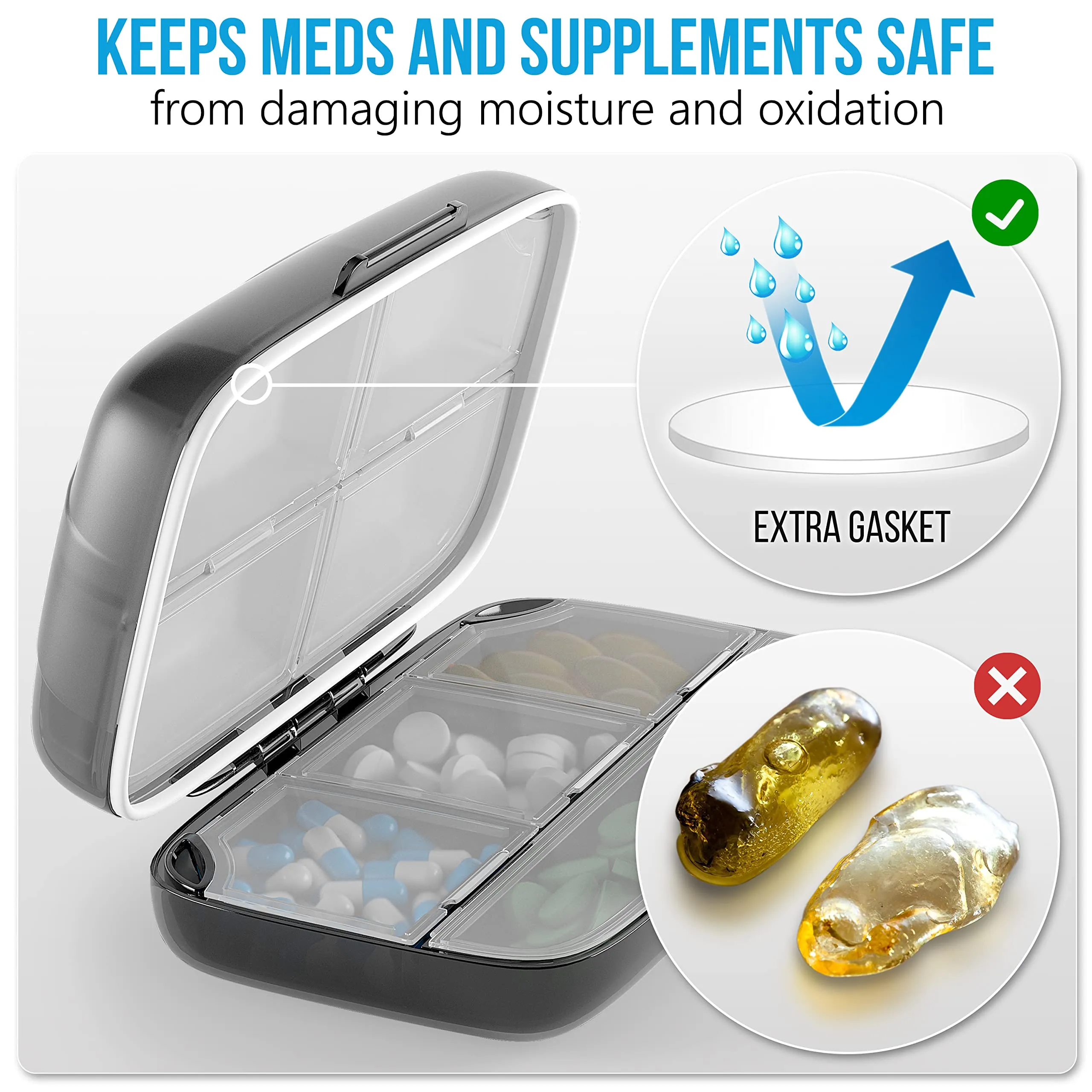 Airtight Pill Organizer Box Large Pill Dispenser Home Travel Essentials Supplement Holder Portable Vitamin Sorter Jumbo Size 8 Compartment Container Daily Medicine Black
