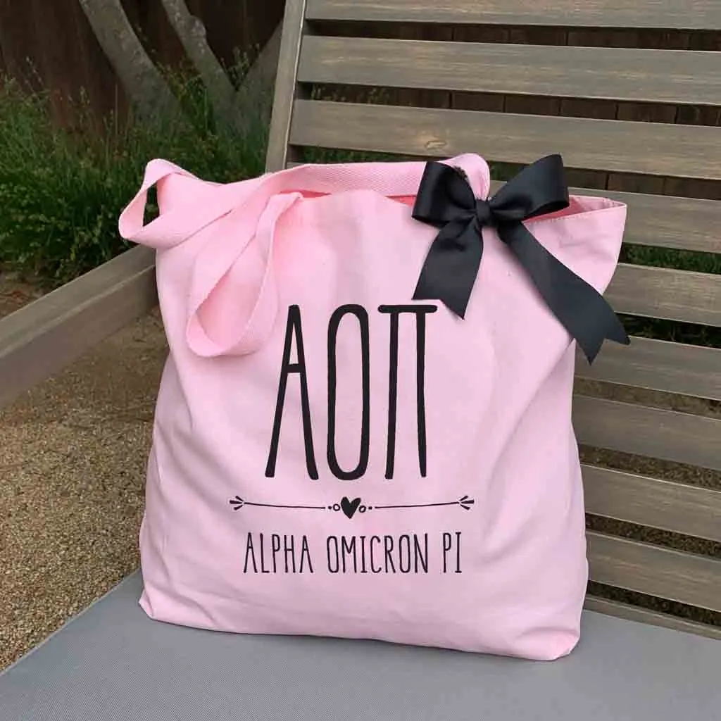 Alpha Omicron Pi Pink Canvas Tote Bag with Black Bow