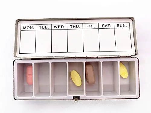 AmyZone Metal Pill Organizer Travel Friendly Portable Compact Pill Box Cute Pill Case to Hold Vitamins/Tylenol/Fish Oil/Supplements/Meds/Tablet for Purse/Pocket(Happy and Healthy)