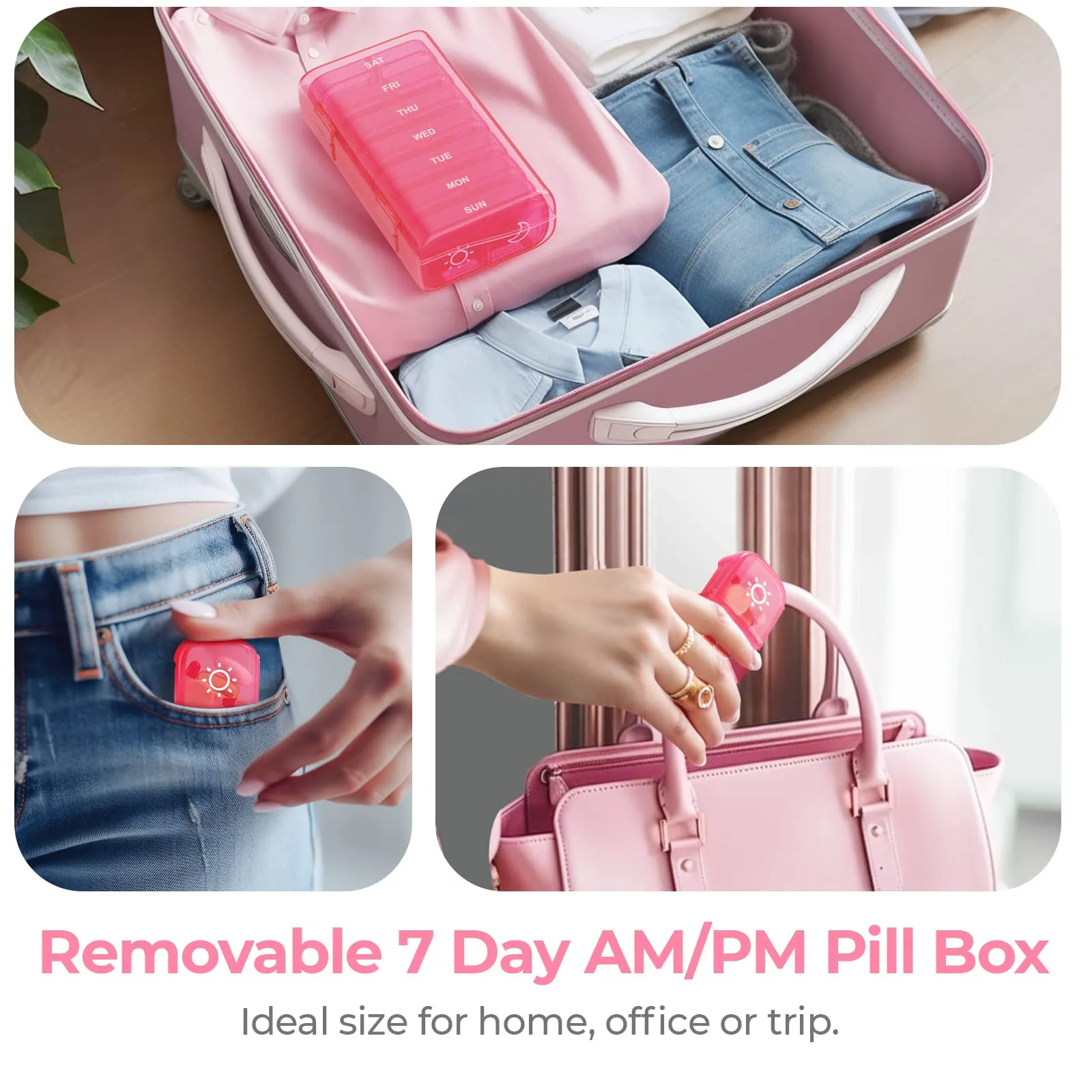 AUVON XL Weekly Pill Organizer 2 Times a Day, AM PM Pill Box 7 Day with One-Side Large Opening Design for Easy Filling, Portable Travel Pill Case for Medication, Vitamins, Fish Oils, Supplements A-pink