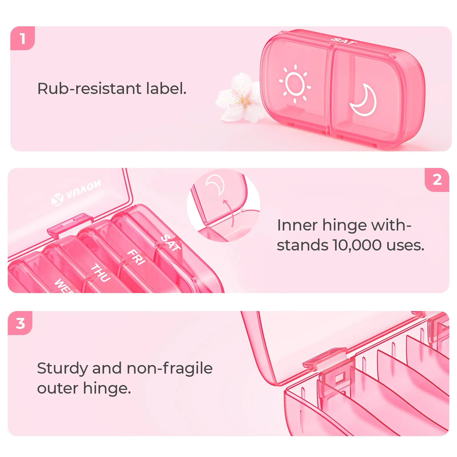 AUVON XL Weekly Pill Organizer 2 Times a Day, AM PM Pill Box 7 Day with One-Side Large Opening Design for Easy Filling, Portable Travel Pill Case for Medication, Vitamins, Fish Oils, Supplements A-pink
