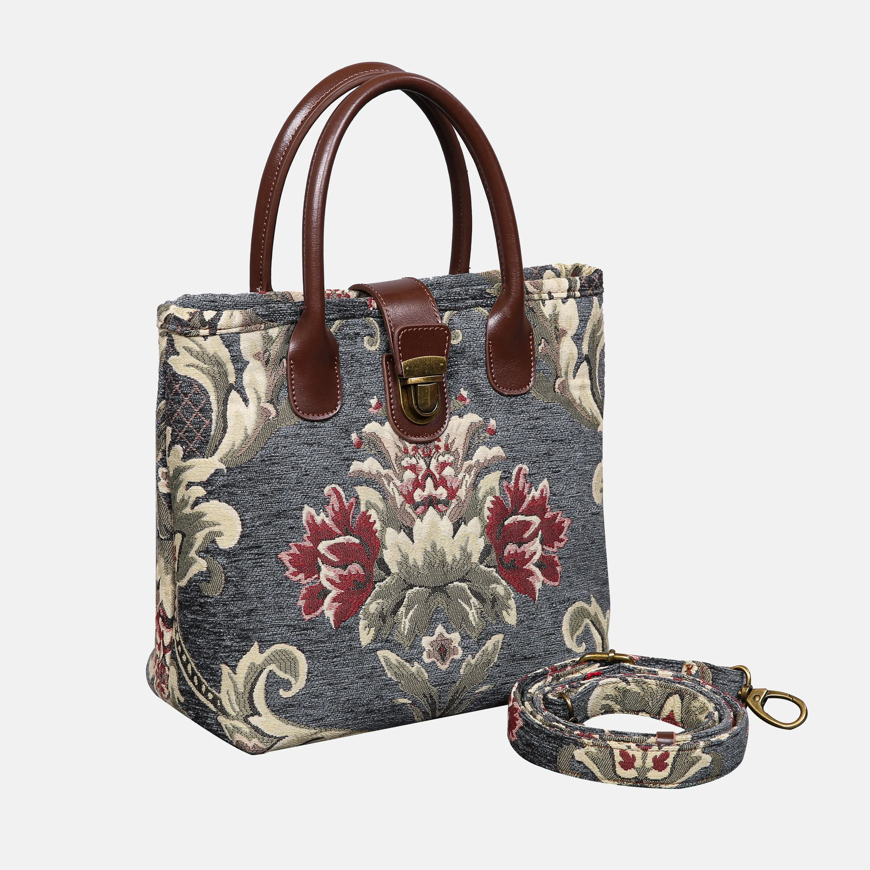 Baroque Floral Green Gray Tuck Lock Carpet Satchel