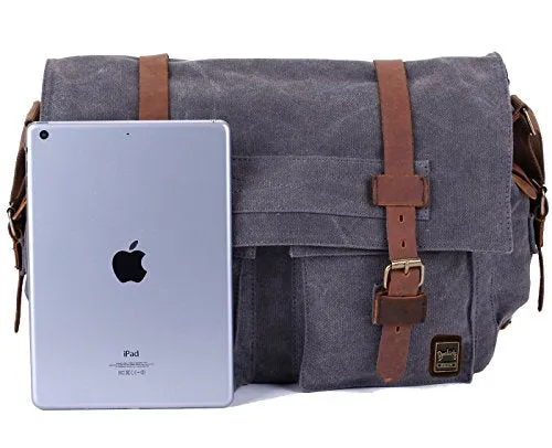 Berchirly Military Canvas Shoulder Messenger Bag Leather Straps for 14.7Inch Laptop