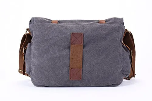 Berchirly Military Canvas Shoulder Messenger Bag Leather Straps for 14.7Inch Laptop
