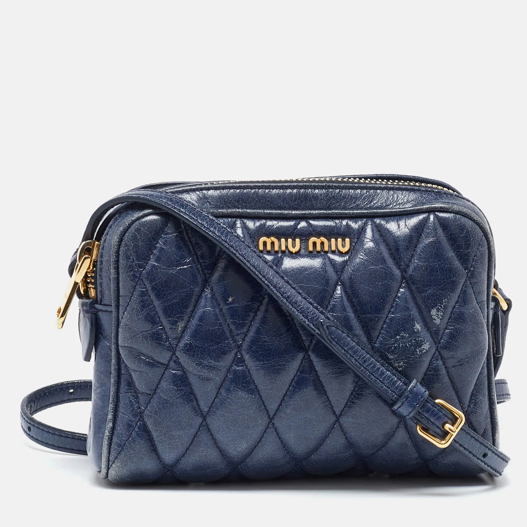 Blue Matelass&eacute; Leather Camera Crossbody Bag