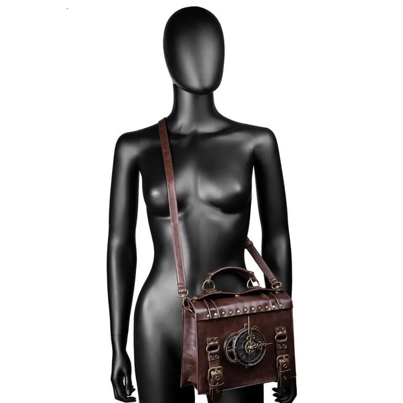 Brown Leather Steampunk Satchel with Clock Mechanism