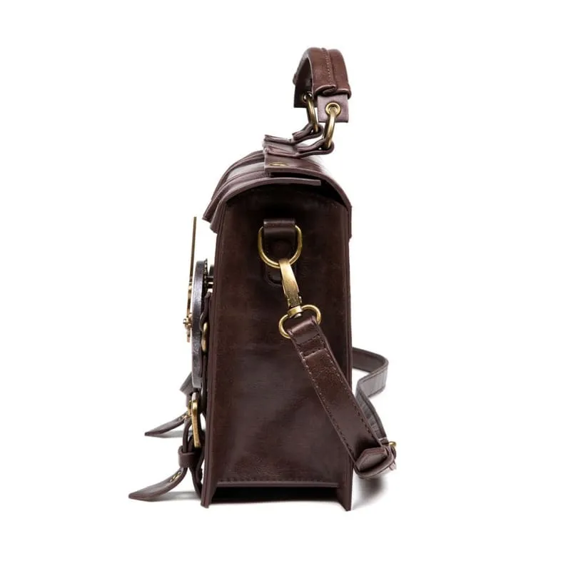 Brown Leather Steampunk Satchel with Clock Mechanism