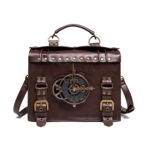 Brown Leather Steampunk Satchel with Clock Mechanism