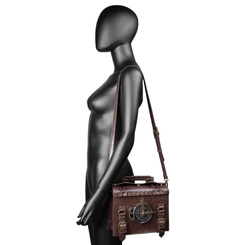 Brown Leather Steampunk Satchel with Clock Mechanism