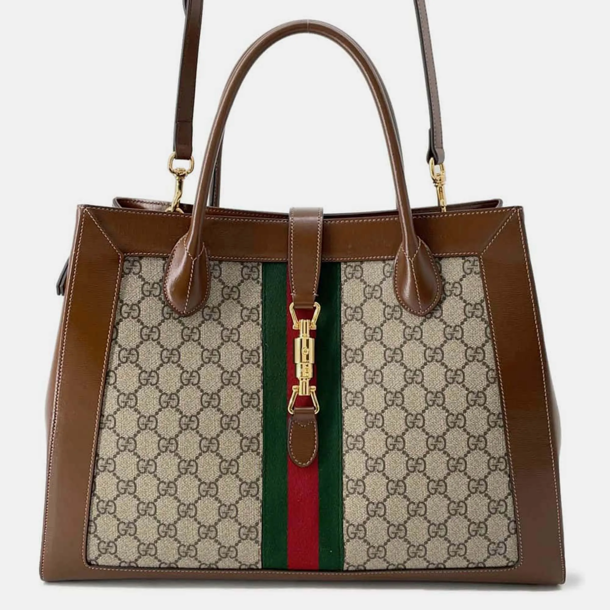 Brown/Beige GG Supreme Canvas and Leather Medium Web Jackie 1961 Tote Bag