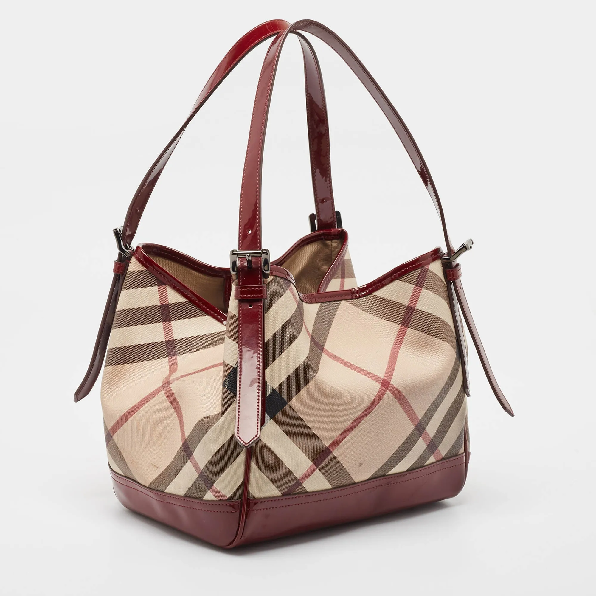Burberry Burgundy/beige Nova Check Pvc And Patent Leather Canterbury Tote..