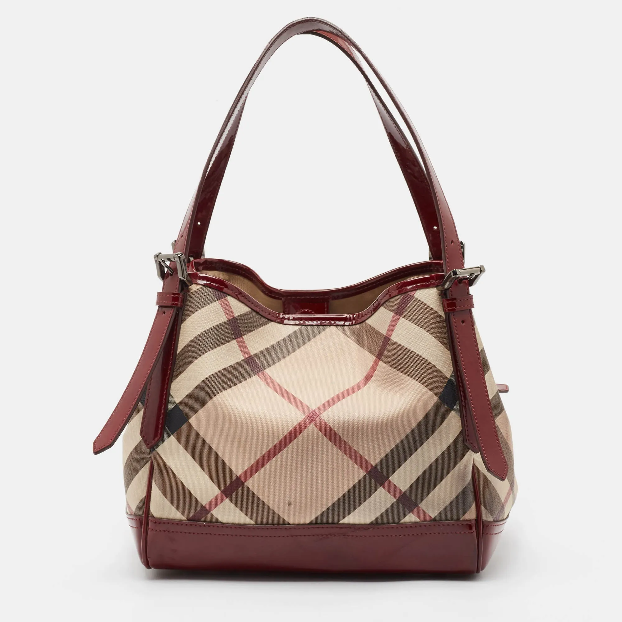 Burberry Burgundy/beige Nova Check Pvc And Patent Leather Canterbury Tote..