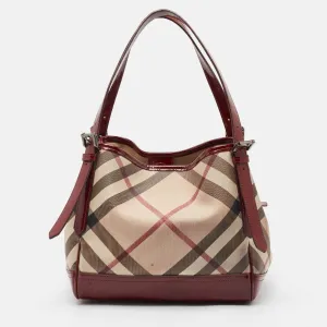 Burberry Burgundy/beige Nova Check Pvc And Patent Leather Canterbury Tote..
