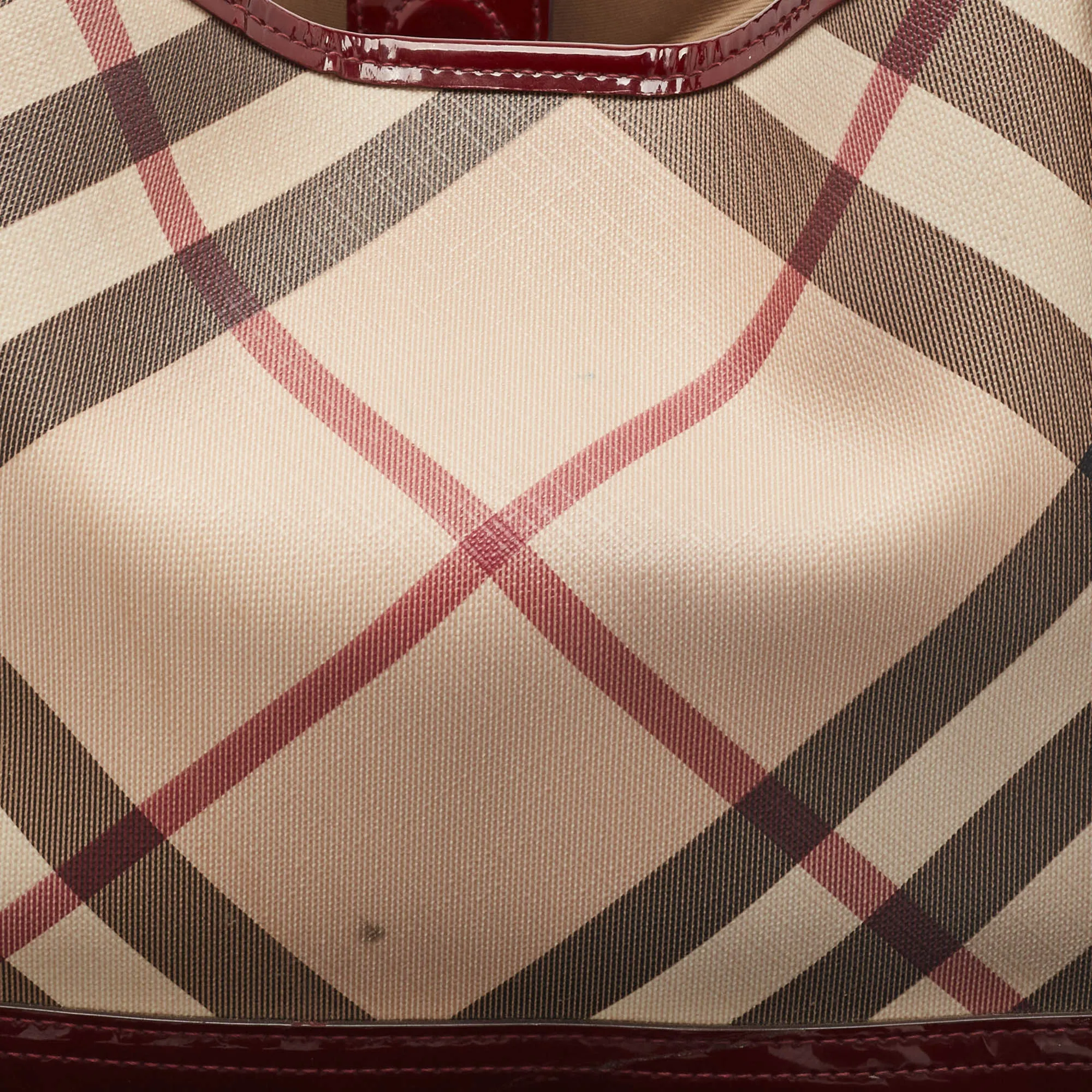 Burberry Burgundy/beige Nova Check Pvc And Patent Leather Canterbury Tote..