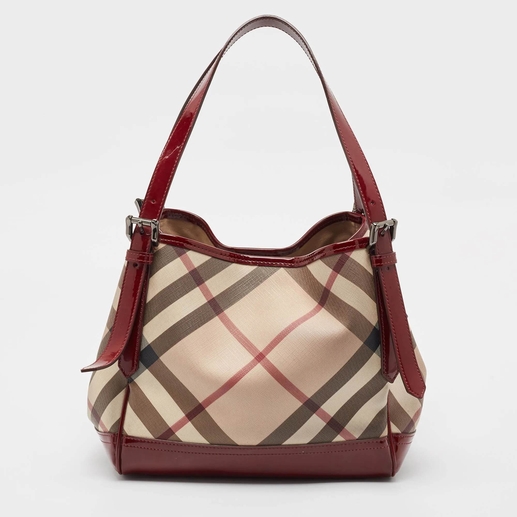 Burberry Burgundy/beige Nova Check Pvc And Patent Leather Canterbury Tote..