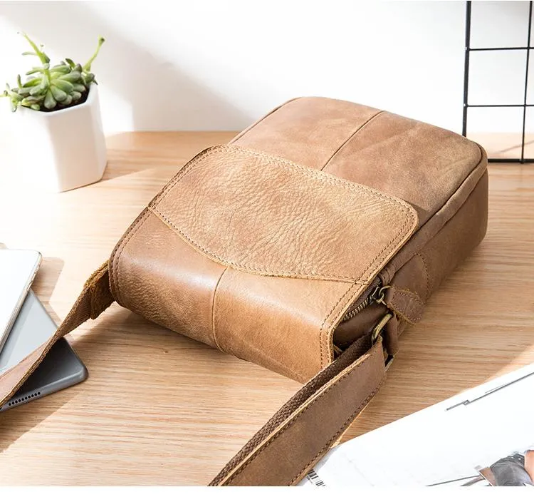 Camel Leather Mens Vertical Mini Side Bag Small Messenger Bags Courier Bag for Men