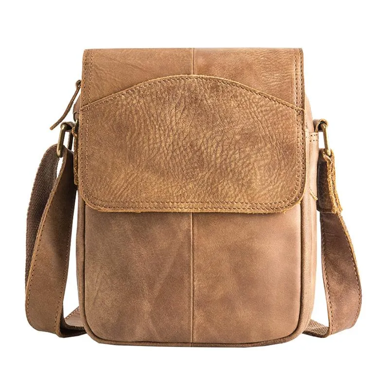 Camel Leather Mens Vertical Mini Side Bag Small Messenger Bags Courier Bag for Men