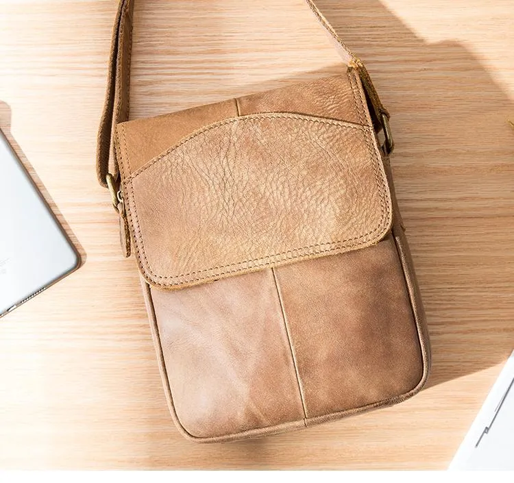 Camel Leather Mens Vertical Mini Side Bag Small Messenger Bags Courier Bag for Men