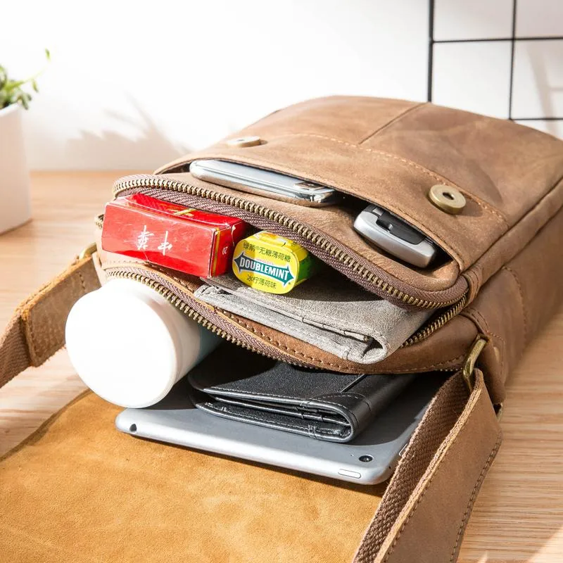 Camel Leather Mens Vertical Mini Side Bag Small Messenger Bags Courier Bag for Men