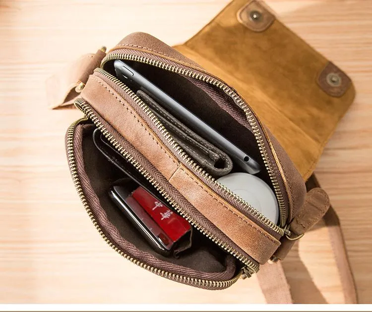 Camel Leather Mens Vertical Mini Side Bag Small Messenger Bags Courier Bag for Men