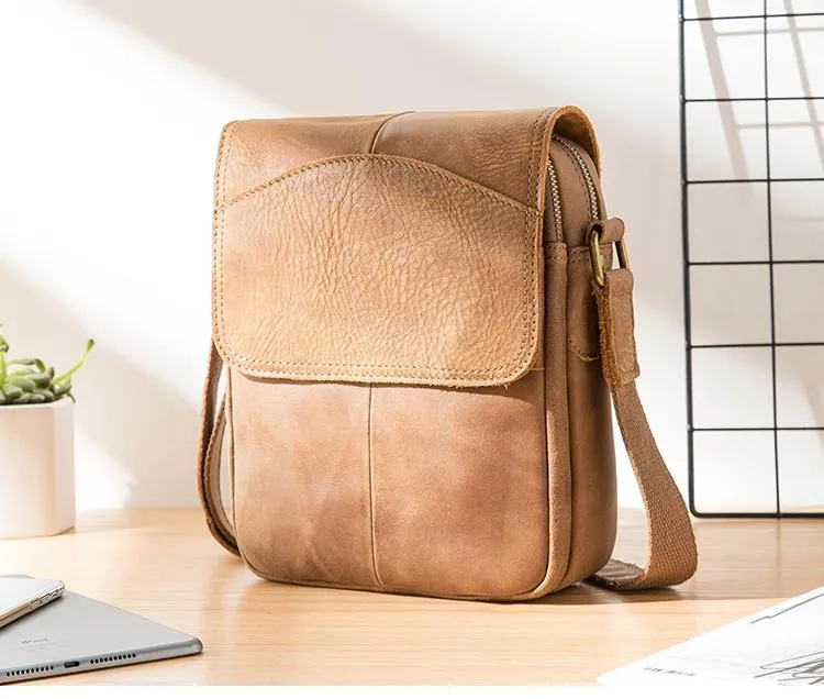 Camel Leather Mens Vertical Mini Side Bag Small Messenger Bags Courier Bag for Men