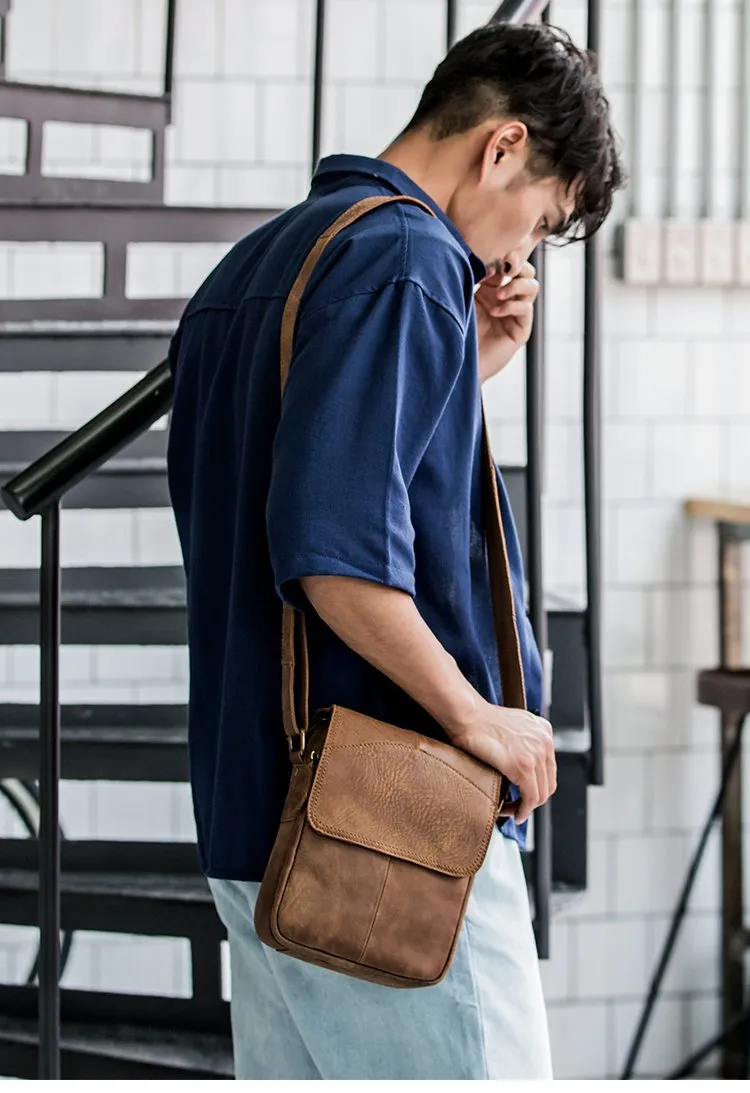 Camel Leather Mens Vertical Mini Side Bag Small Messenger Bags Courier Bag for Men
