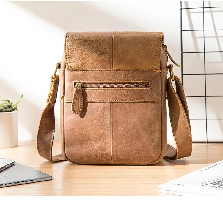 Camel Leather Mens Vertical Mini Side Bag Small Messenger Bags Courier Bag for Men