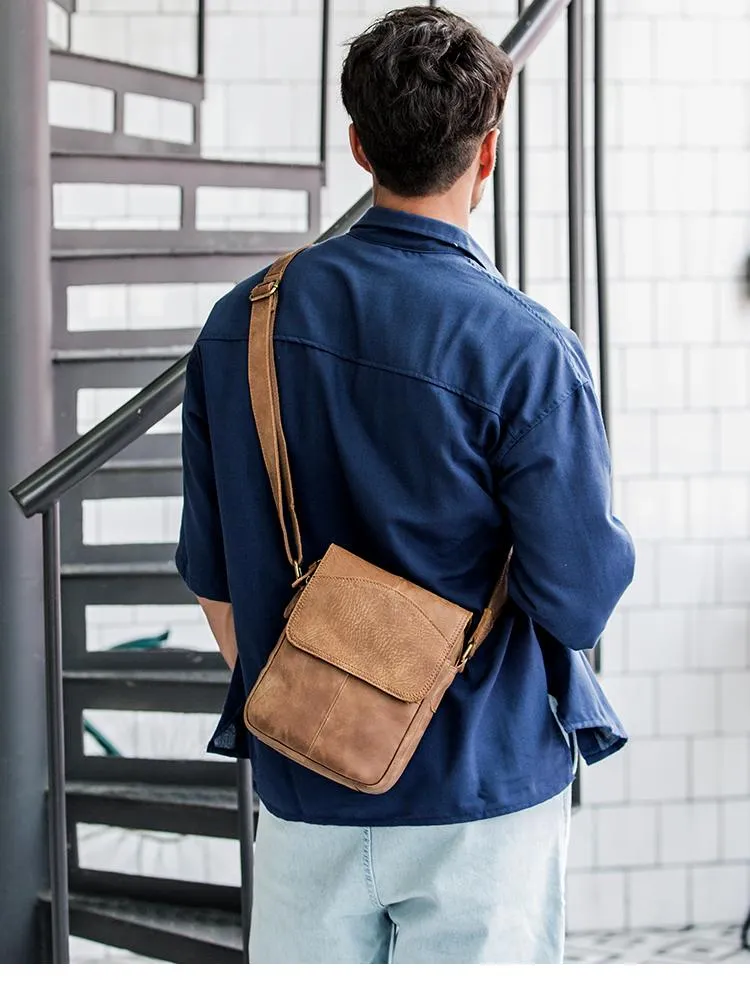 Camel Leather Mens Vertical Mini Side Bag Small Messenger Bags Courier Bag for Men
