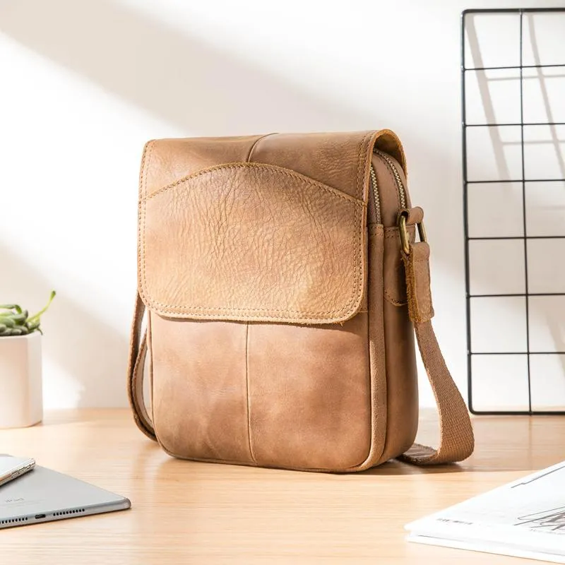 Camel Leather Mens Vertical Mini Side Bag Small Messenger Bags Courier Bag for Men