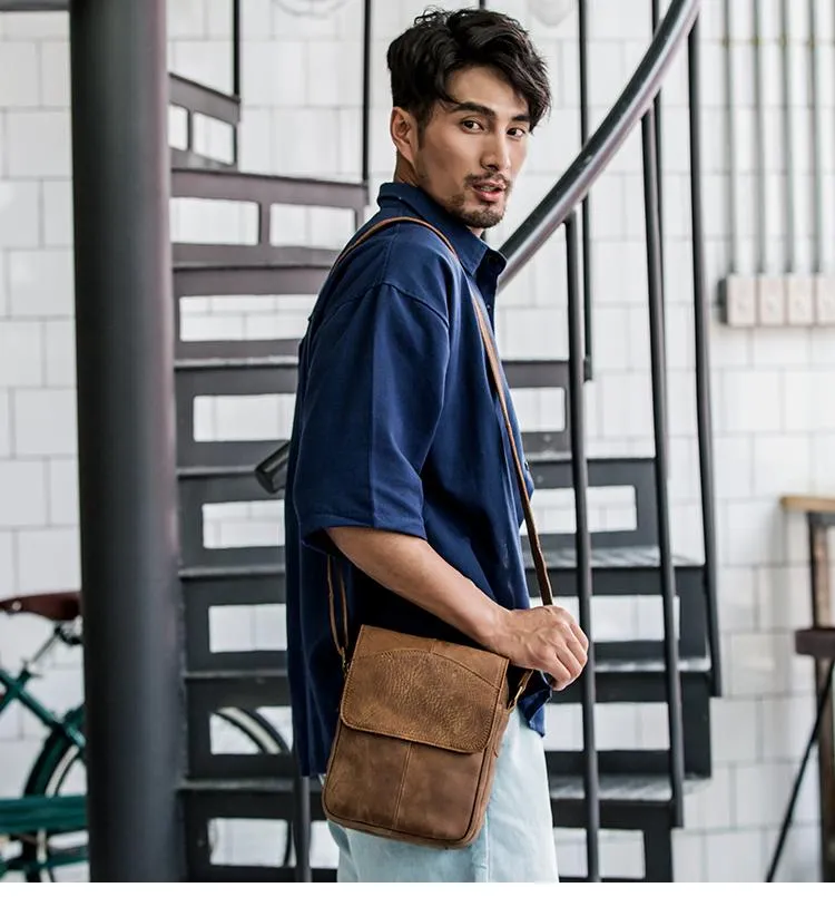 Camel Leather Mens Vertical Mini Side Bag Small Messenger Bags Courier Bag for Men
