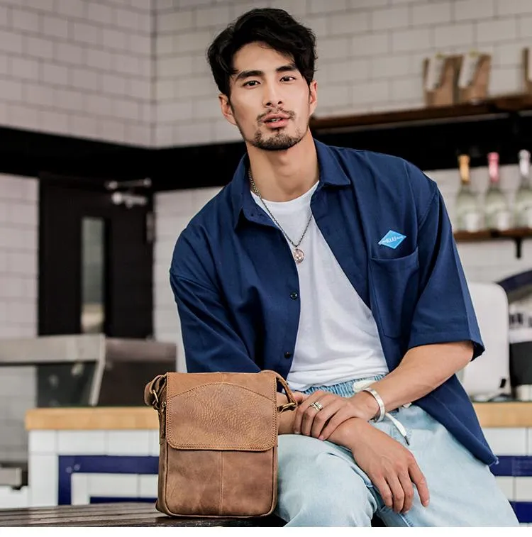 Camel Leather Mens Vertical Mini Side Bag Small Messenger Bags Courier Bag for Men