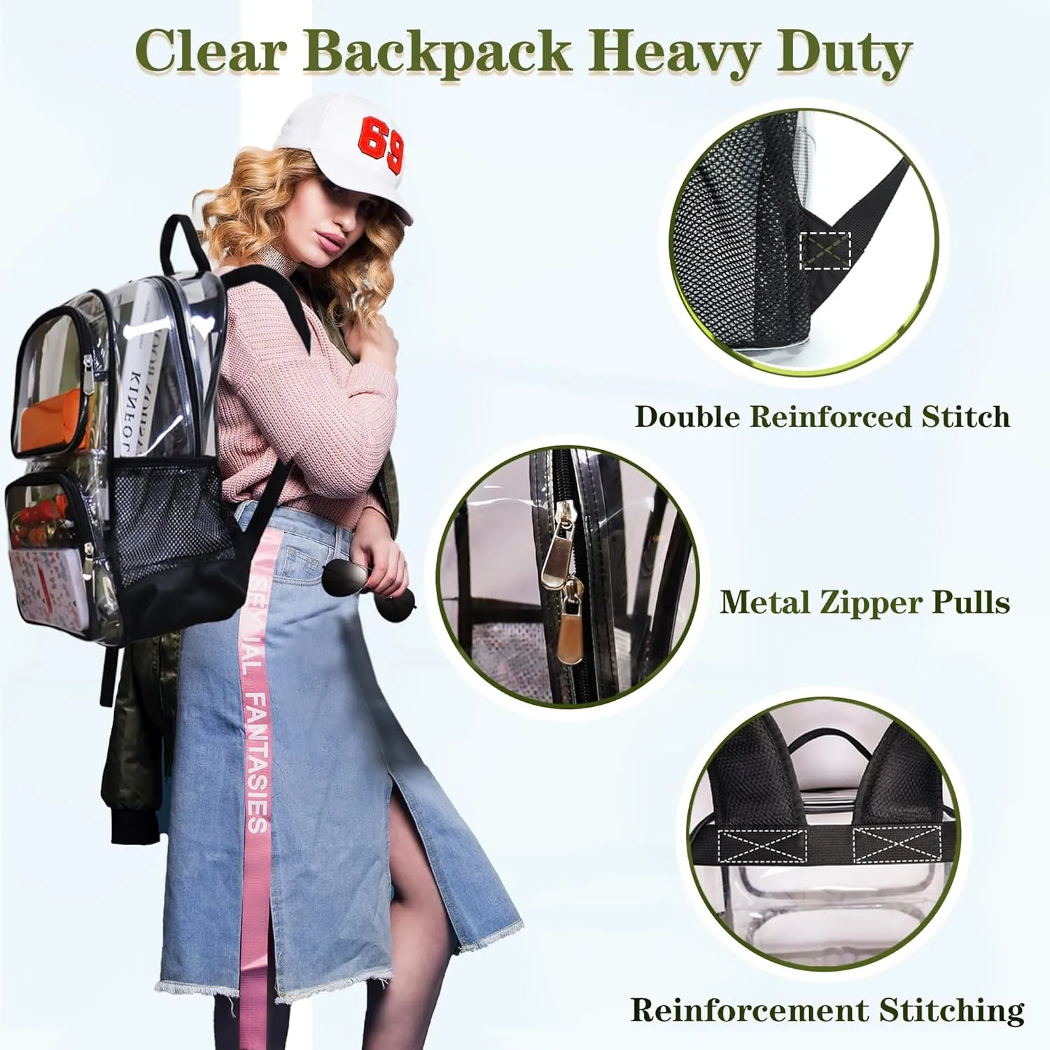 Clear Backpack Heavy Duty,17'' Transparent Bag See Through Backpack for College Work Travel Security,Blue