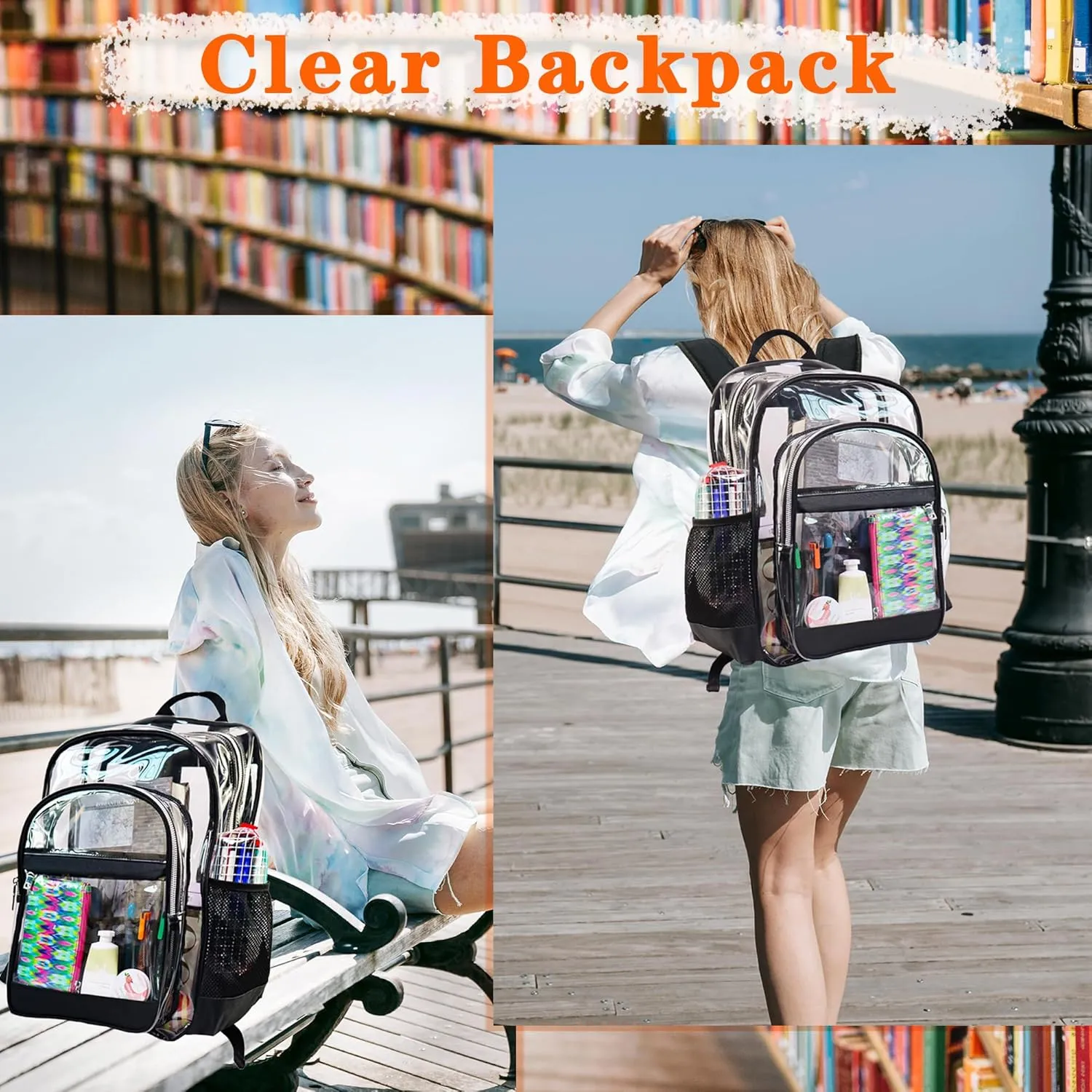 Clear Backpack,Heavy Duty Clear Bookbag See Through Backpack Large Clear Bag for School College Work Travel Security,Amber Coloured