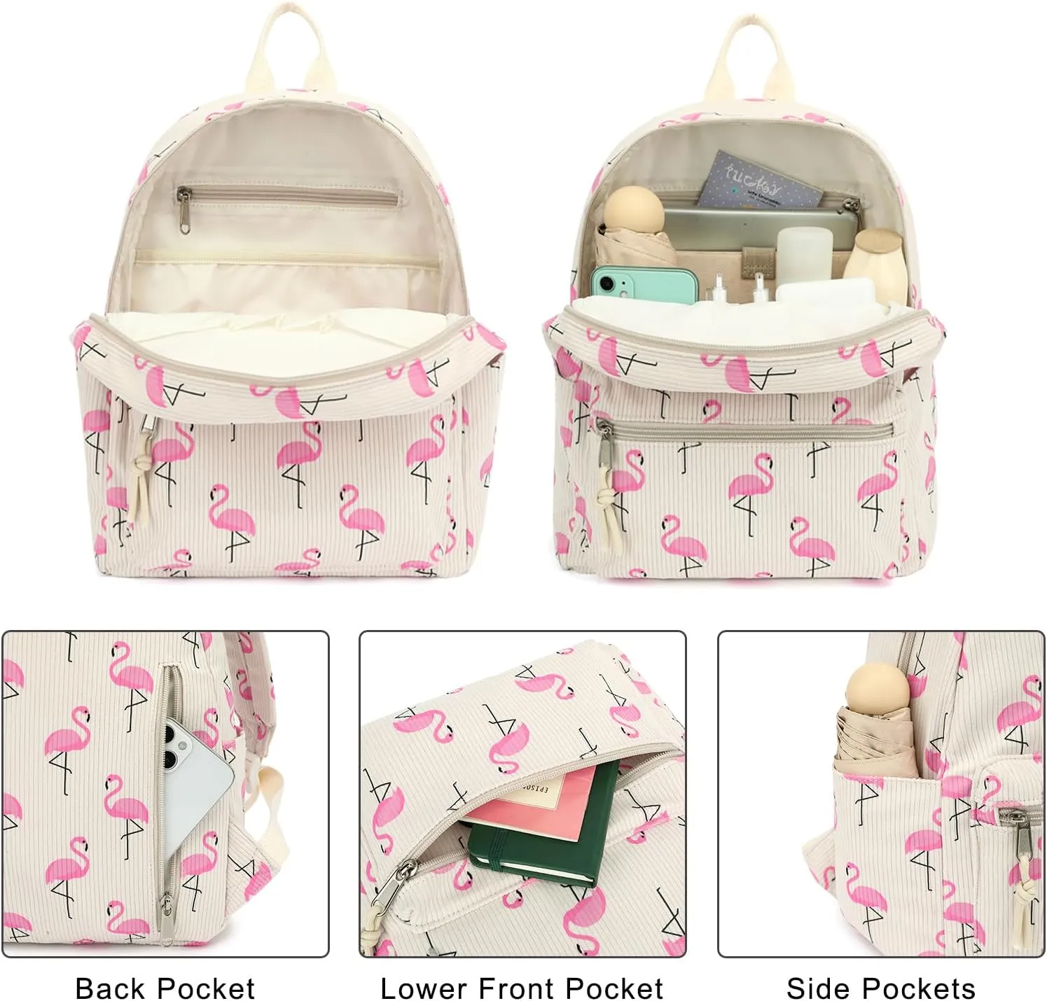 Corduroy Mini Backpack Purse for Women Girls, Fashion Small Backpack for Adults Teens Kids School Travel (Flamingo)