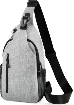 Crossbody Sling Bag for Women & Men, Waterproof Sling Backpack with USB Charging Port, Lightweight Shoulder Chest Bag for Hiking, Travel (Grey), Medium