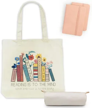 Cute Canvas Book Tote Bag with Pocket, Book Lovers Gifts for Women,Book Themed Birthday Gifts- Reading Accessories