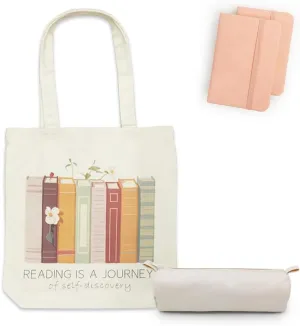 Cute Canvas Book Tote Bag with Pocket, Book Lovers Gifts for Women,Book Themed Birthday Gifts- Reading Accessories