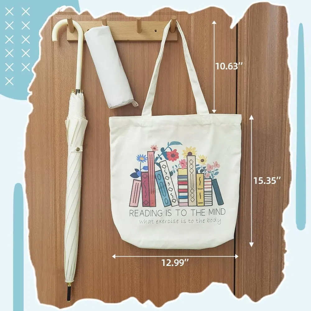 Cute Canvas Book Tote Bag with Pocket, Book Lovers Gifts for Women,Book Themed Birthday Gifts- Reading Accessories