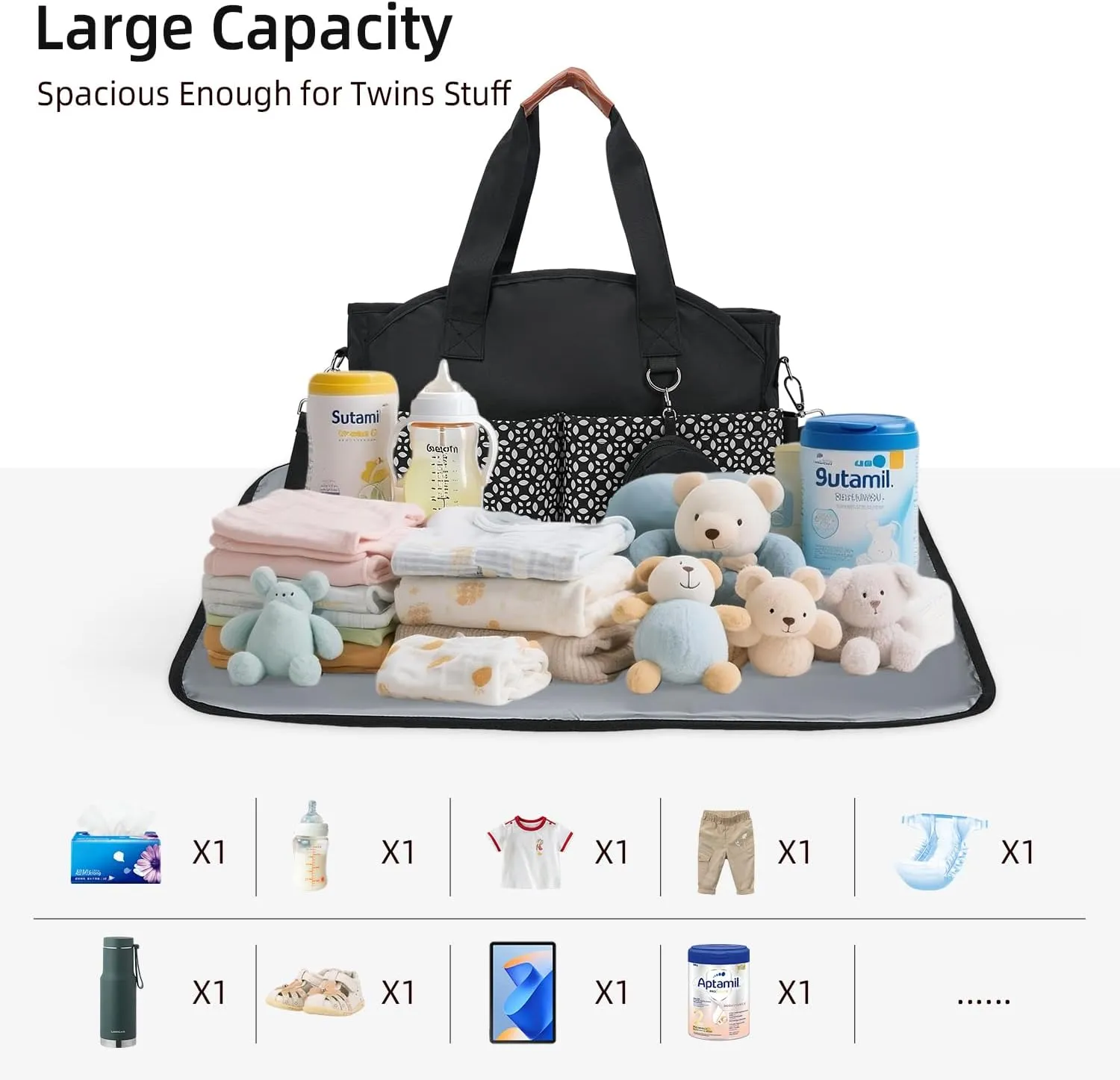 Diaper Bag Tote, Large Diaper Bag with Pacifier Case Travel Diaper Tote for Mom with Changing Station Multifunction