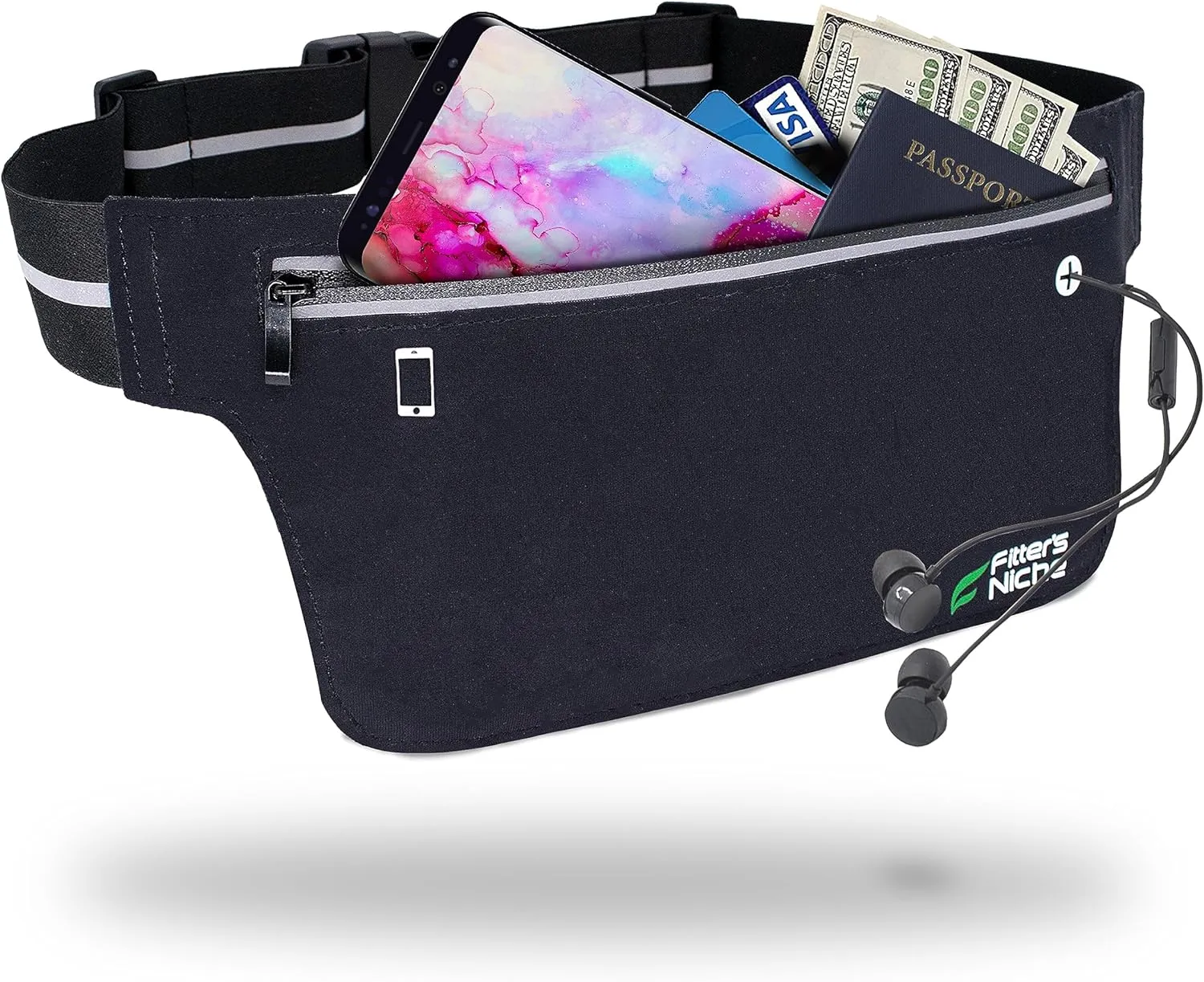 Fitter's Niche UltraSlim Fanny Waist Pack  Water Resistant Bag, Reflective Elastic Belt  Fit 24 to 43inch Waists, Holds Phones up to 6.7inch  Ideal for Indoor & Outdoor Workouts, Exercises & Trips
